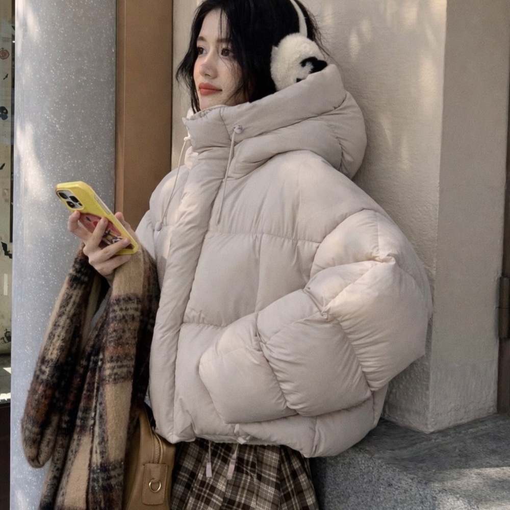 Women’s Cropped Down Puffer Jacket Short Coat Drawstring Wais - Gray color
